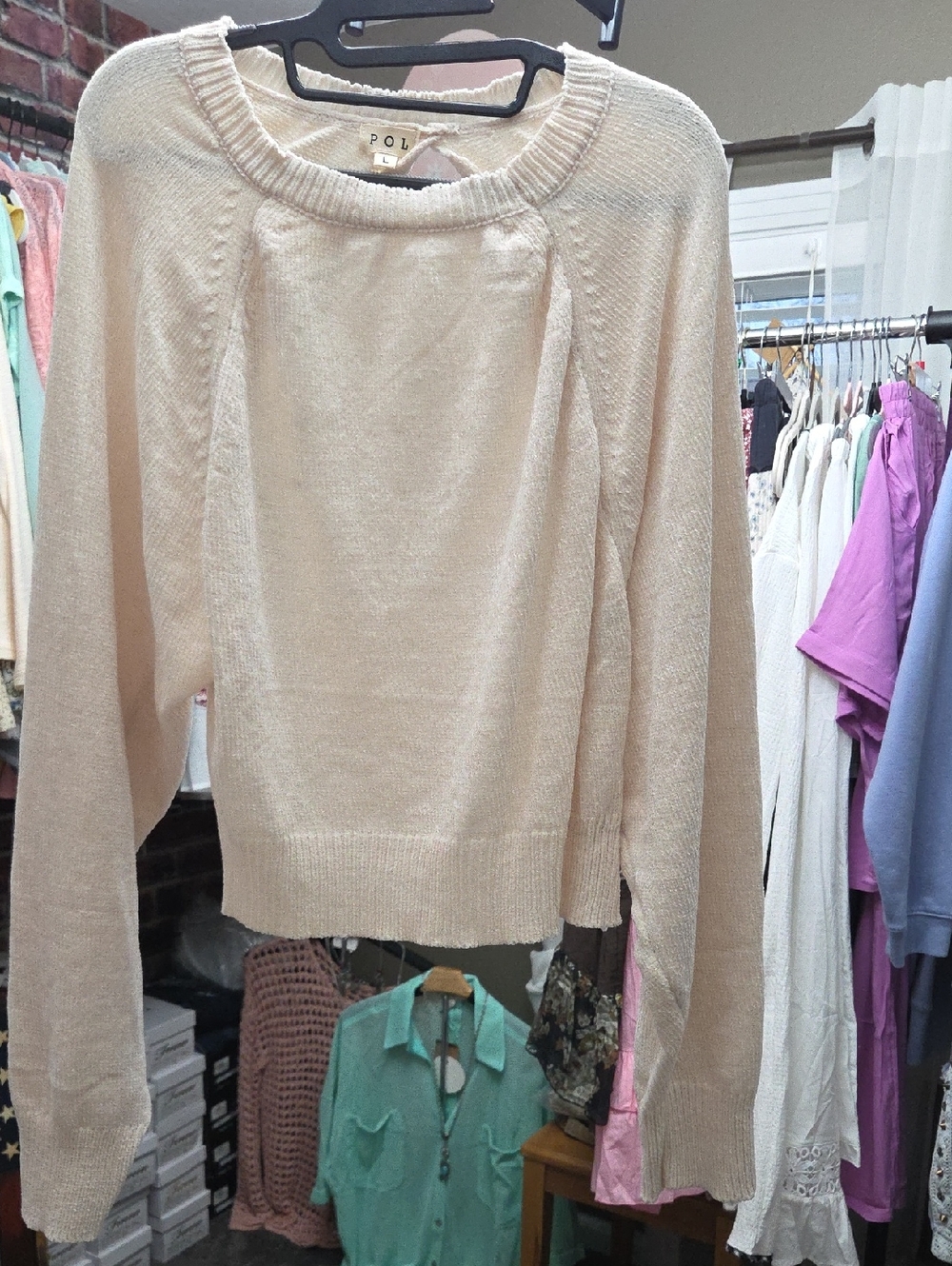 POL Cream Lightweight Crewneck Sweater.  Open In The Back.